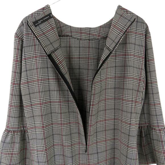 Zara Black & White Glen Check Plaid Long Sleeve Bell Sleeve Dress Medium - Picture 5 of 8